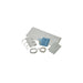 A collection of medical supplies is laid out. It includes a pack of white sheets, blue cloths, white gauze, ID cards on string, and white string on a white background.