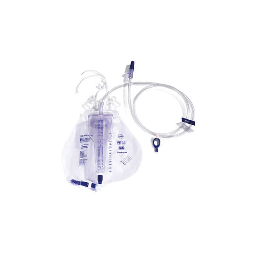 A urine collection bag, complete with tubing and a graduated measuring section, sits on a white surface.