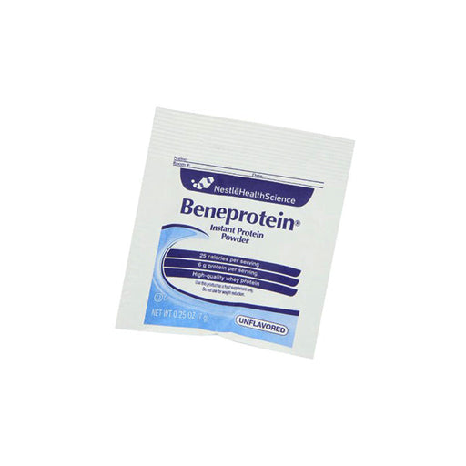 A white Beneprotein instant protein powder packet is centered on a white background. The text on the packet states: "NestléHealthScience Beneprotein Instant Protein Powder, 25 calories per serving, 6 g protein per serving, High-quality whey protein, NET WT 0.25 02 (7 g), UNFLAVORED."