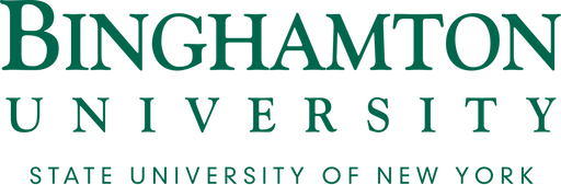 The text “BINGHAMTON UNIVERSITY” stacked above “STATE UNIVERSITY OF NEW YORK” is presented in a teal serif typeface against a black background.