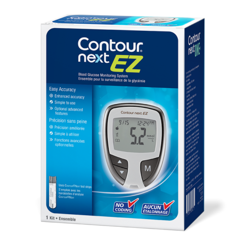 A Contour next EZ blood glucose monitoring system is shown in its box; it displays a reading. The box highlights ease of use and accuracy. "NO CODING," "AUCUN ÉTALONNAGE" are also present.