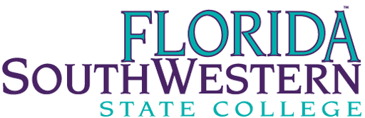 Text displays the name "FLORIDA SOUTHWESTERN STATE COLLEGE" in teal and purple lettering against a dark green background.