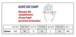 A glove size chart displays a hand with circumference measurement instructions and a table correlating hand circumference (in inches) to glove sizes (XS-XXL).