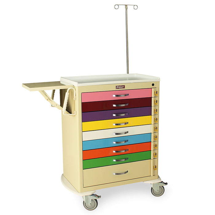 A multi-drawer medical cart, featuring colorful drawers, sits on wheels. A side table and IV pole are attached. 