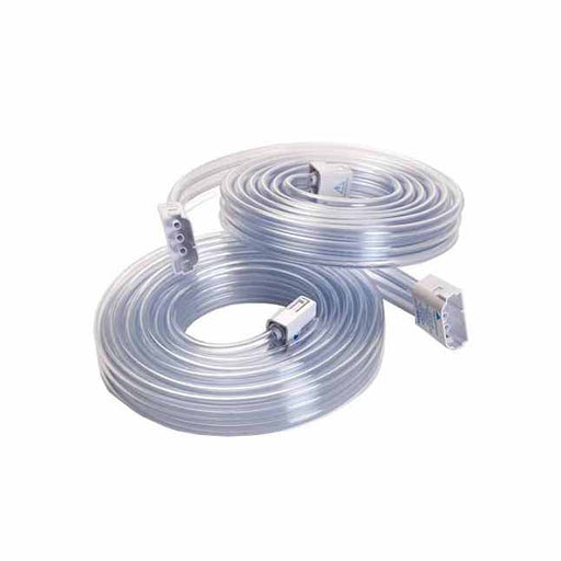 Two clear, coiled tubes rest on a white surface; both tubes have white rectangular attachments on the ends.