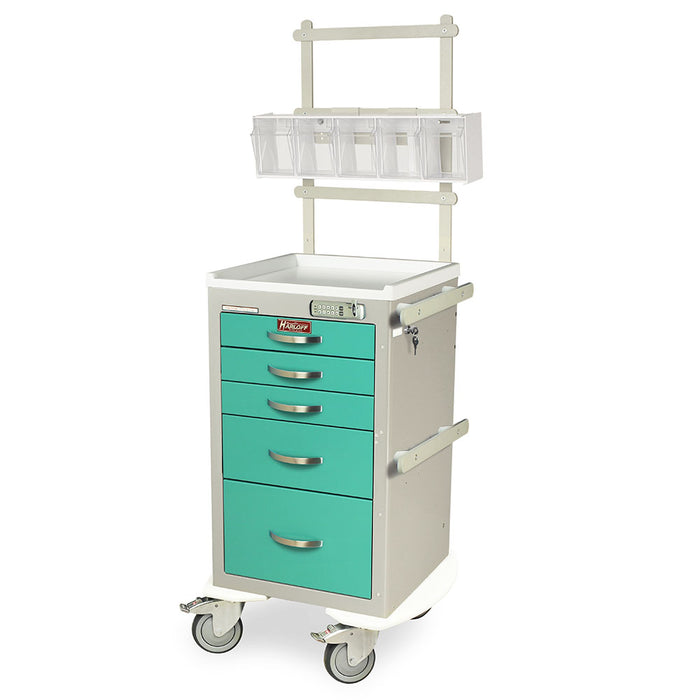 Harloff A-Series Lightweight Narrow Anesthesia Cart with MD18-ANS Accessories Package, Short Height, Five Drawers, E-Lock