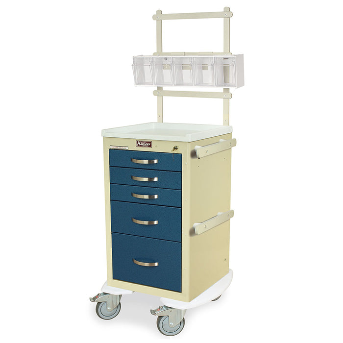 Harloff A-Series Narrow Aluminum Anesthesia Cart with MD18-ANS Accessories Package, Short Height, Five Drawers, Key Lock