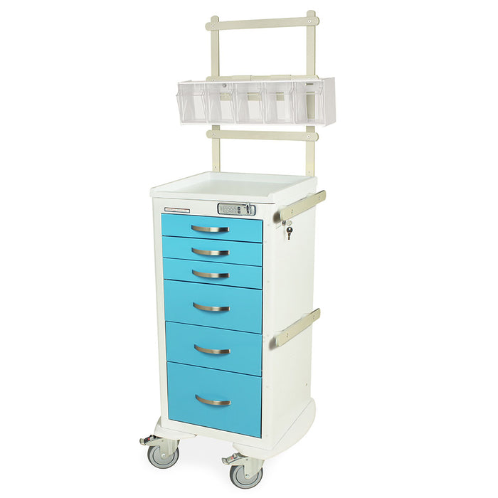Harloff A-Series Narrow Aluminum Anesthesia Cart with MD18-ANS Accessories Package, Tall Height, Six Drawers, E-Lock