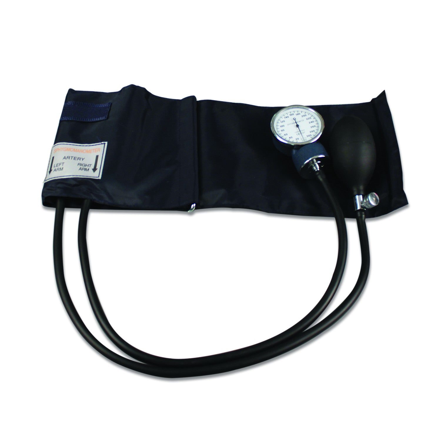 A black blood pressure cuff lies flat; it is inflated and ready for use. The cuff has a pressure gauge and a bulb for inflation.