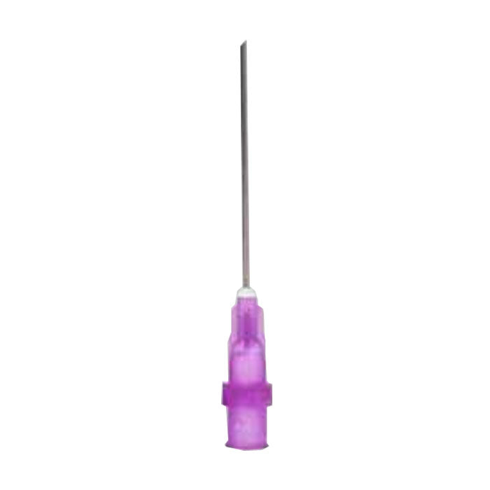 A purple needle stands upright against a white background.