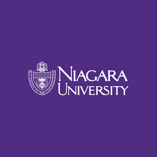 A logo, featuring a stylized emblem alongside the words "NIAGARA UNIVERSITY," is displayed on a solid purple background.