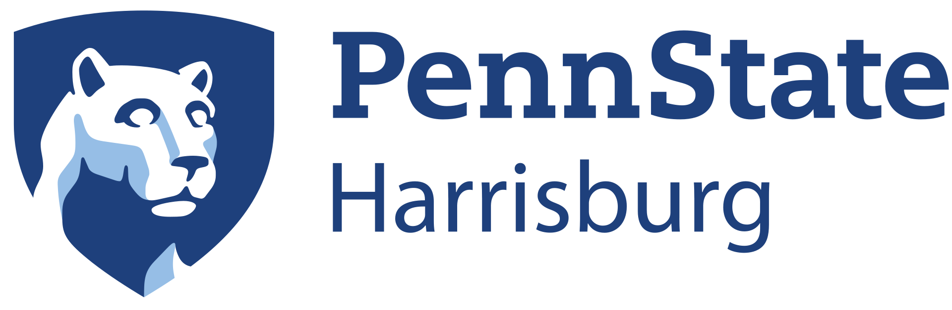 A stylized lion's head, appearing within a shield, is displayed alongside the text "PennState Harrisburg".