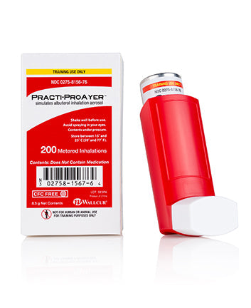 Simulated albuterol inhaler for training purposes, labeled Practi-ProAyer