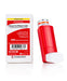 A red and white Practi-Proayer inhaler sits beside its box; it simulates albuterol aerosol, containing 200 metered inhalations for training purposes only.