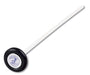 A reflex hammer with a black, circular head and white handle rests on a white background. The head displays "PRESTIGE MEDICAL" and a logo.