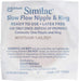 A Similac slow-flow nipple and ring, packaged for single use, is presented with warnings against reuse and pacifier use due to choking hazards. The package also indicates a manufacture date of July 1, 2021.