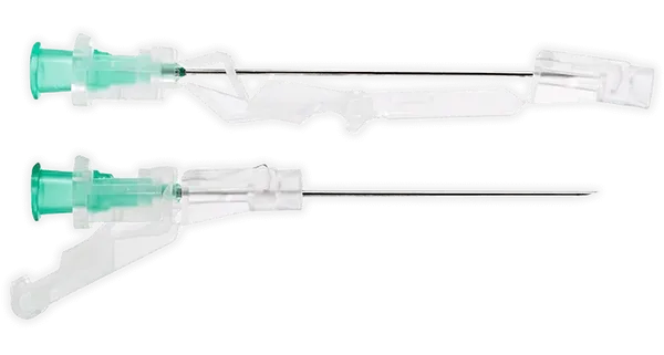 Two intravenous cannulas, lying parallel, are shown against a black background. They appear ready for use.