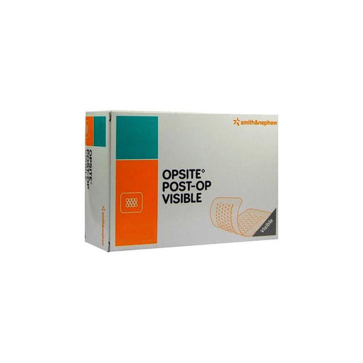 A box displaying "OPSITE* POST-OP VISIBLE" features a bandage illustration. The packaging is divided into teal and orange sections on the left side, branded with "smith+nephew" on the right.