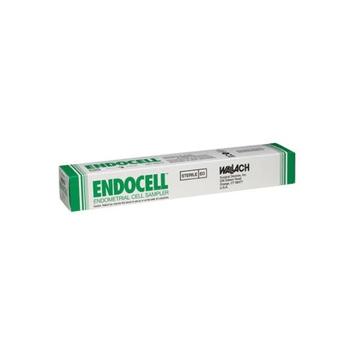 A box of Endocell Endometrial Cell Samplers sits on a white surface. The box is mostly white with green stripes and labeling. It reads: "ENDOCELL ENDOMETRIAL CELL SAMPLER," "STERILE EO," and "WALACH Surgical Devices, Inc. 235 Edison Road Orange, CT 06477 U.S.A."